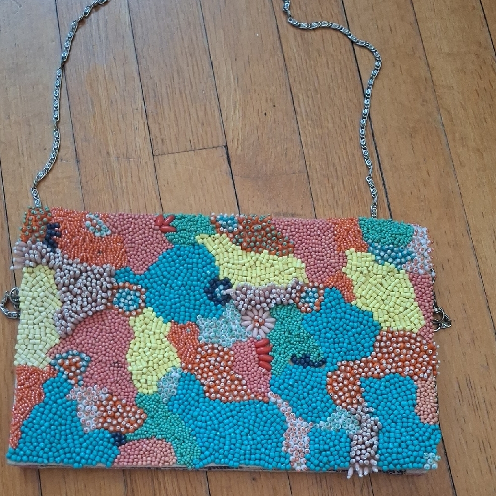 Multicolor Beaded Clutch with Chain Strap